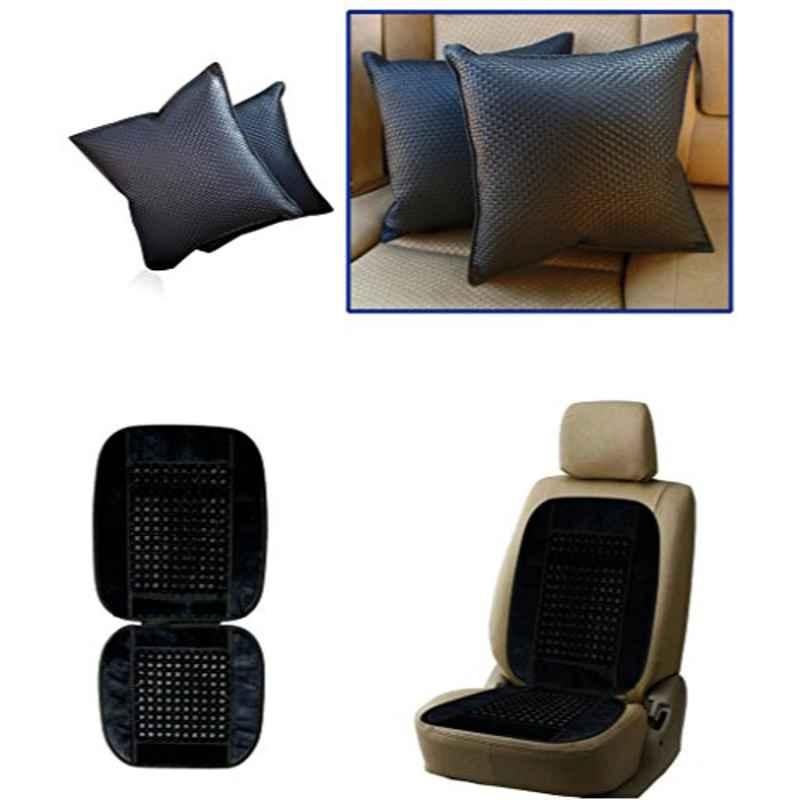 Kozdiko 2 Pcs Black Car Cushion Pillow Set & Wooden Bead Black Car Seat Cover Combo, Koz-5798