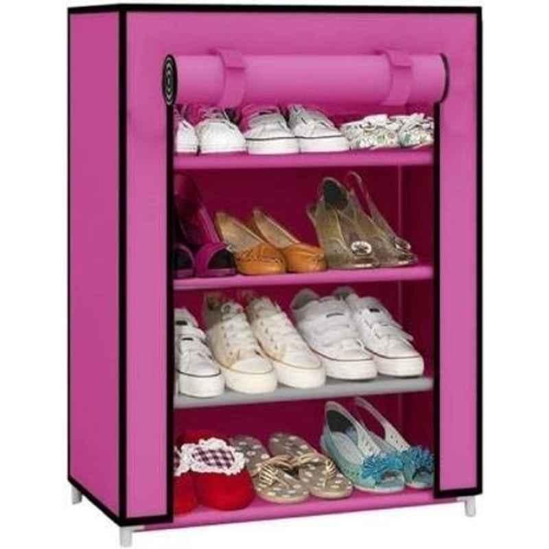 Philoshop 4 Shelves Modular Metal Shoe Rack with Pink Cover for Entryway & Closet Storage