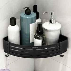 Plantex 9x9 inch Aluminium Matte Black Wall Mount Side Drill Free Corner Shelf Organizer with Removable Hooks for Kitchen