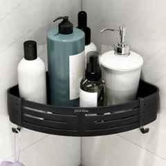 Plantex 9x9 inch Aluminium Matte Black Wall Mount Side Drill Free Corner Shelf Organizer for Kitchen with Removable Hooks