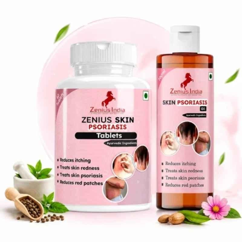 Zenius India Skin Psoriasis 60 Pcs Tablet & 100ml Oil Kit with Neem, Manjistha, Mulethi, Cumin & Khadira for Reduces Itching, Irritation & Treats Skin Redness