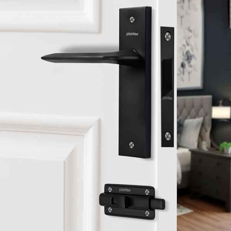 Plantex Heavy Duty Door Lock Bathroom Door Lock/Mortise 8inch Keyless Plate Handle Set for Home/Bathroom/Store Room/Balcony/Office with Baby Latch 8105, Z-Black