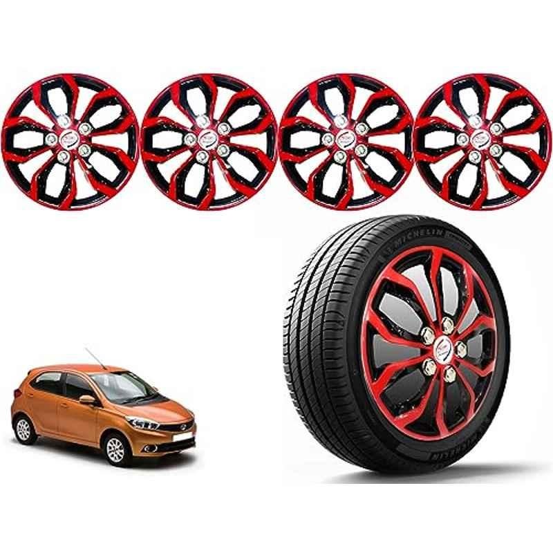 Auto Pearl 4 Pcs 14 inch Polypropylene Red & Black Press Type Car Wheel Cover Set with Retention Ring for Tata Tiago XT & XZ 2016-2018