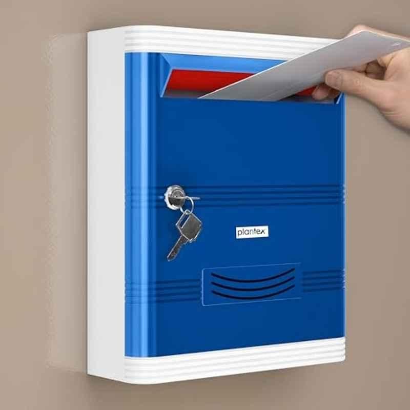 Plantex Durable Plastic Letter/Suggestion Box for Office with Key Lock Post/Complaint Box for Home Wall Mounted Blue & White