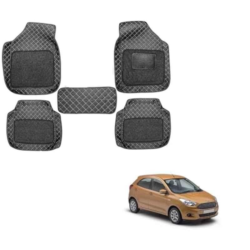Kozdiko 5 Pcs Waterproof & Luxury 7D Black Leatherette Car Floor Mat Set for Ford Figo New 2015-Present