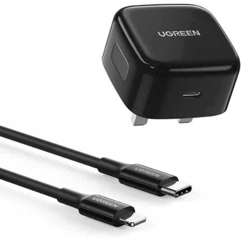 UGREEN 20W Black USB-C PD Fast UK Charger with 1m USB-C to MFI Lightning Cable, CD137-60624B