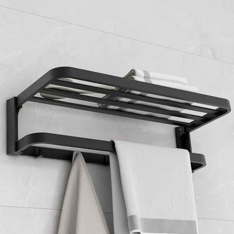 Plantex Towel Rack for Bathroom/Aluminium Towel Hanger/Towel Holder with Towel Rod and Hook/Towel Stand/24 inch Towel Bar/Bathroom Accessories Black