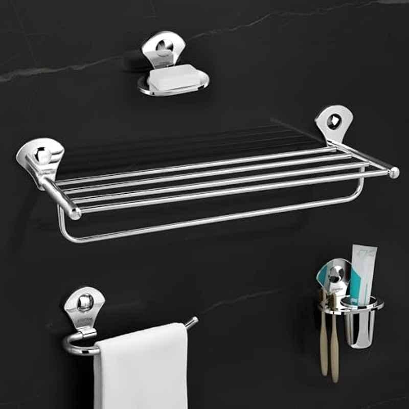 Plantex Stainless Steel 4Pcs Bathroom Accessories Set- Towel Rack/Tumbler Holder/Soap Dish Stand/Napkin Ring/Bathroom Organiser Set of 4Chrome