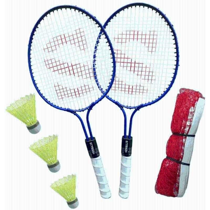 STYRKR 2 Pcs Iron Multicolour Badminton Racket Kit with 3 Pcs Shuttlecocks & Net