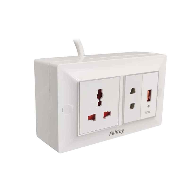 Palfrey 5A Single Socket White Polycarbonate Electric Extension Board with Two Pin, USB Socket & 3m Wire, 43