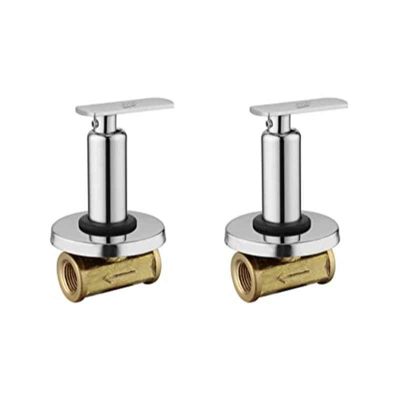 Spazio Mirage 1/2 inch Brass Silver Chrome Finish Concealed Stop Cock with Brass Quarter Turn Fitting & Concealed Flange (Pack of 2)