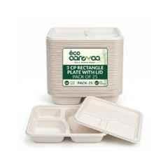 Eco Aaroyaa Bagasse Square Disposable Meal Tray with Lid & 3 Compartment (Pack of 25)