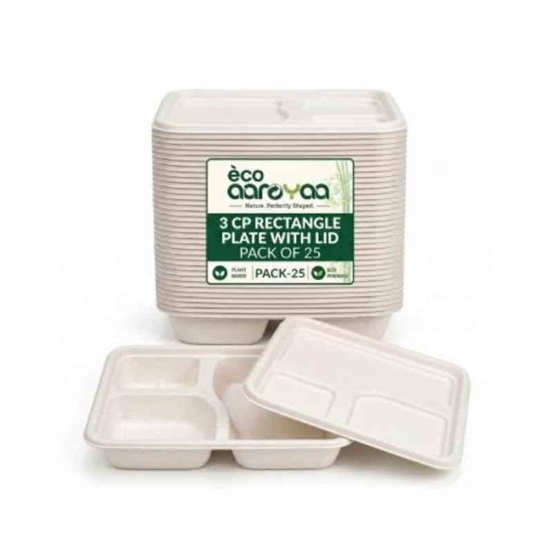 Eco Aaroyaa Bagasse Square Disposable Meal Tray with Lid & 3 Compartment (Pack of 25)