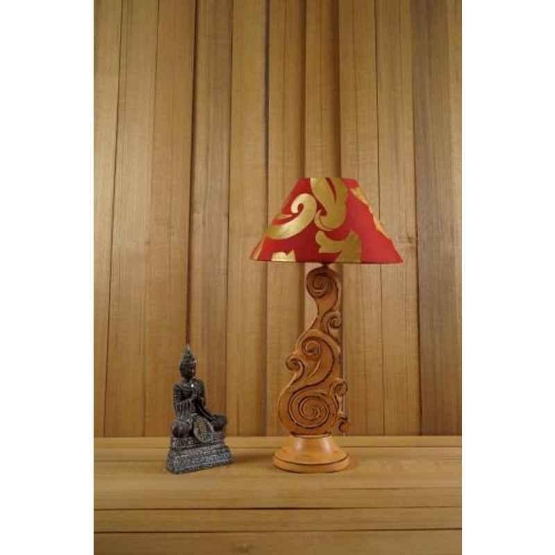 Tucasa Mango Wood Orange Carving Table Lamp with 10 inch Polycotton Red Gold Pyramid Shade, WL-83