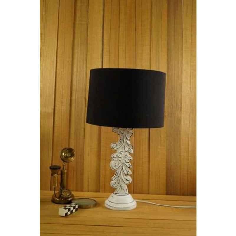 Tucasa Mango Wood White Carved Table Lamp with 11.5 inch Polycotton Black Drum Shade, WL-303