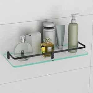 Plantex Shelf for Bathroom/Frosted Glass Shelf with Brass Railings and Brackets/Shelf for Bedroom/Living Room/Kitchen 15x6 inch, Black