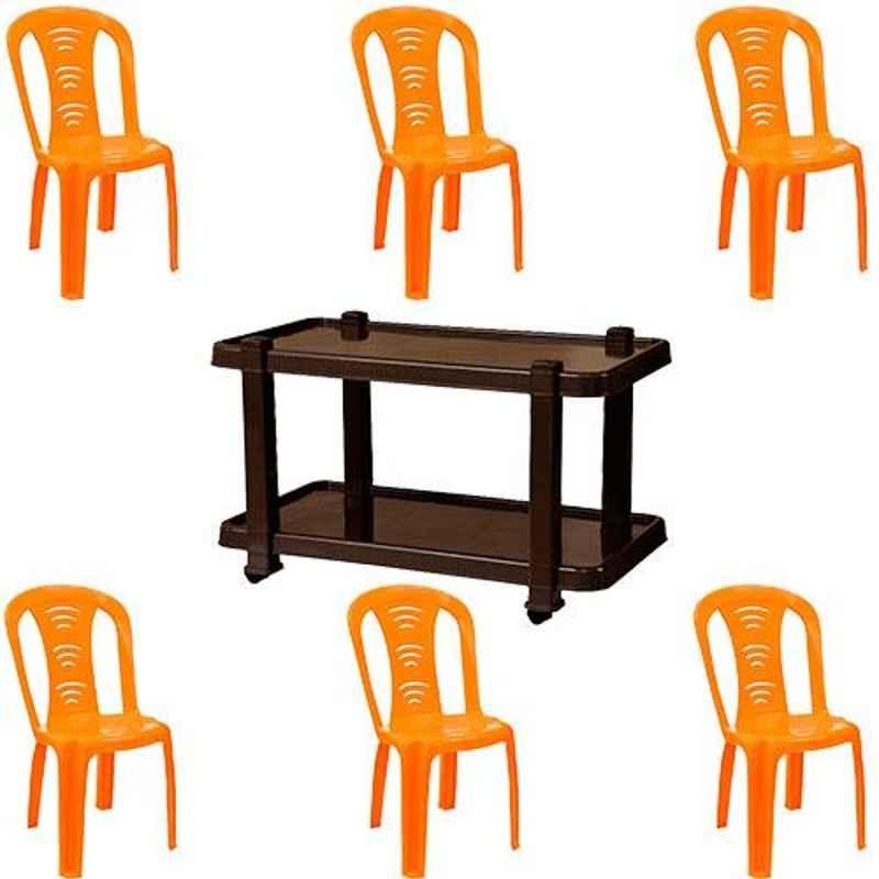 Italica 6 Pcs Polypropylene Orange Without Arm Chair & Nut Brown Table with Wheels Set, 9306-6/9509