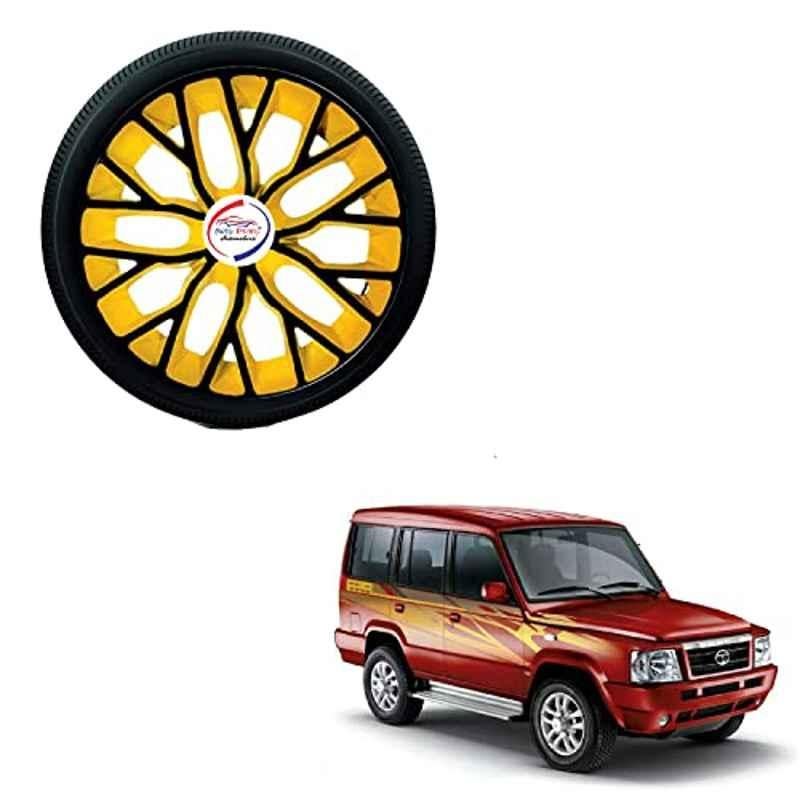 Auto Pearl 4 Pcs 15 inch ABS Black & Yellow Hubcap Wheel Cover Set with Retention Ring for Tata Sumo
