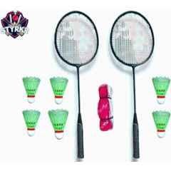 STYRKR Iron Black Badminton Kit (Super 2 Racquets with Shuttlecock Plastic Pack of 6 & Net) Badminton Kit