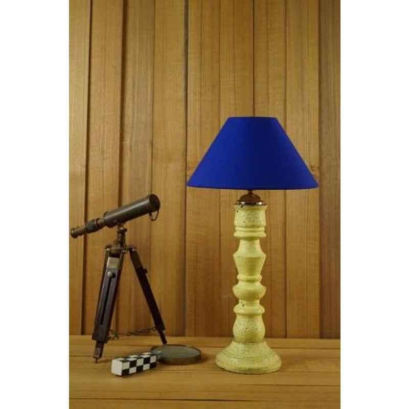 Tucasa Mango Wood Vintage Yellow Table Lamp with 10 inch Polycotton Blue Pyramid Shade, WL-265