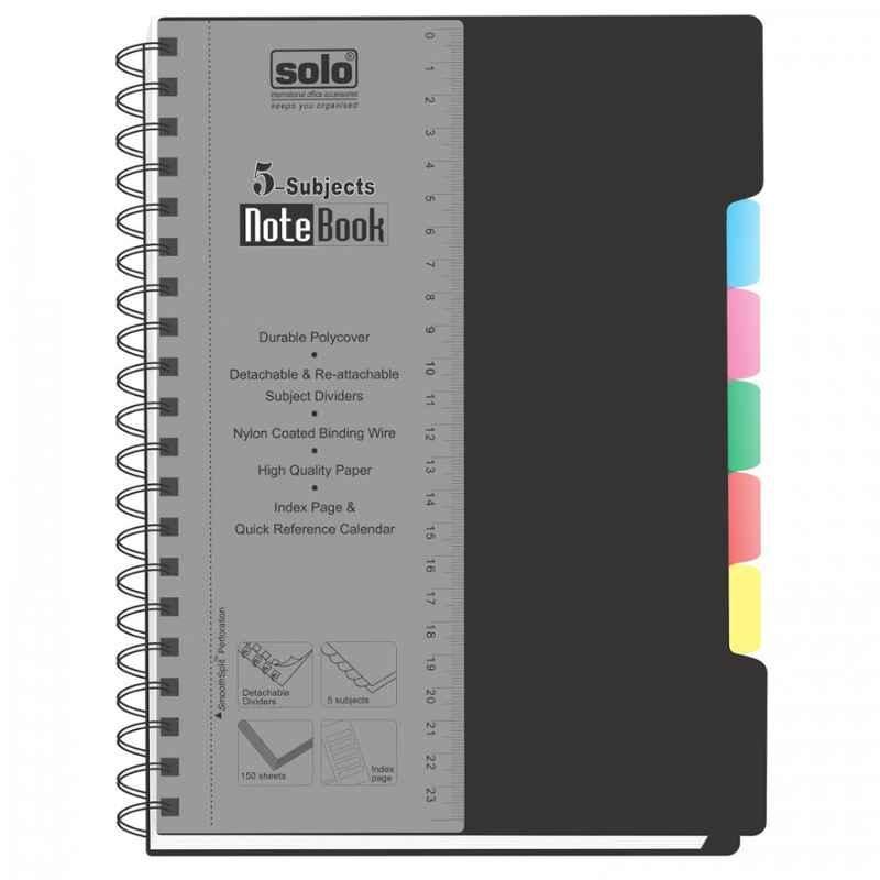 Solo B5 300 Pages Square Ruled Black 5-Subjects Notebook, NB 557 (Pack of 5)