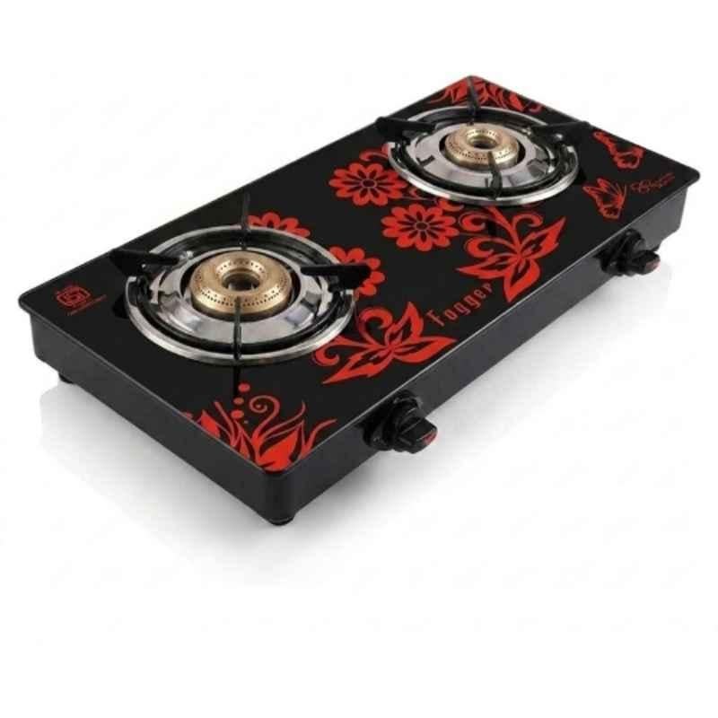 Fogger Nano 2 Burner Black & Red Toughened Glass Top Manual Ignition Gas Stove with 2 Years Warranty, Smart-0100