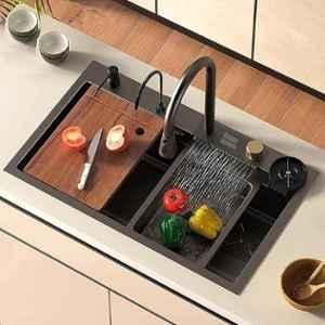 Happy Homes Heavy 30x18x9 inch Stainless Steel Black Matt Finish Single Bowl Kitchen Sink with Anti Scratch Honeycomb Design, Integrated Waterfall & Pull Down Faucet