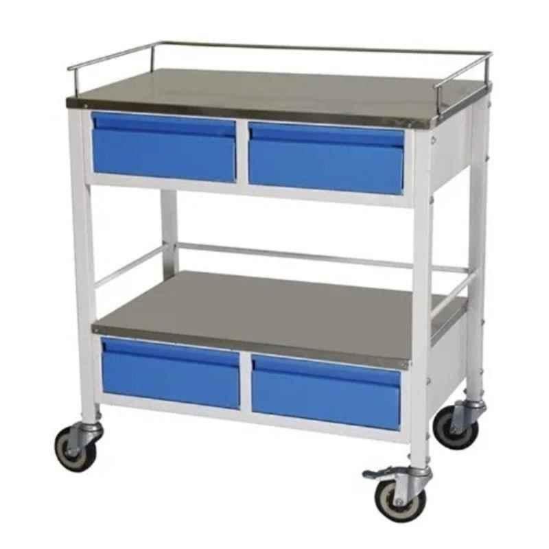 Yes Kay Mild Steel Powder Coated 2 Shelves Medicine Trolley with Stainless Steel Top & 4 Drawers