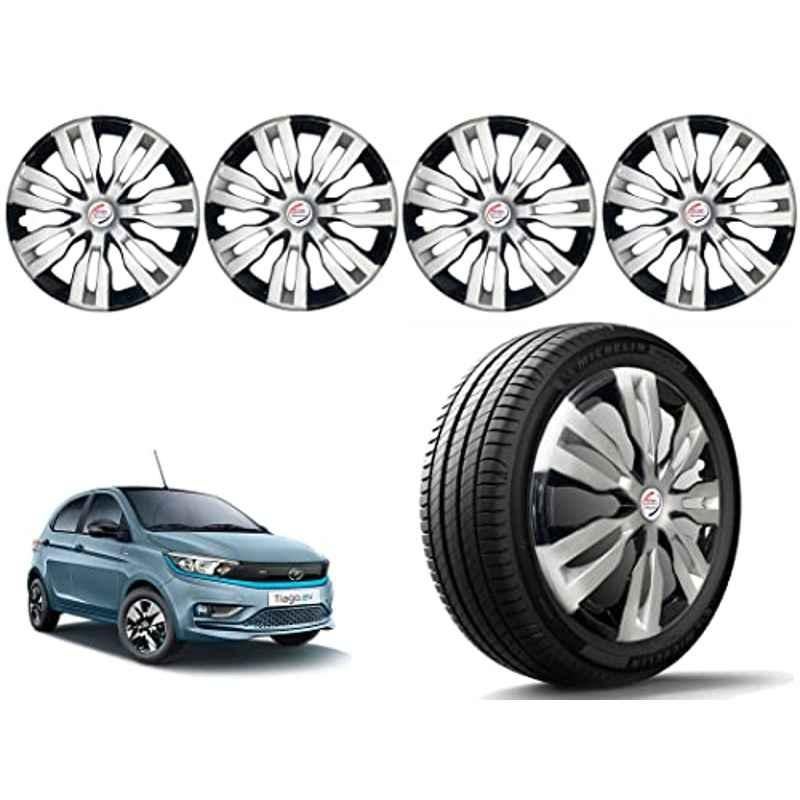 Auto Pearl 4 Pcs 14 inch Polypropylene Silver & Black Press Type Car Wheel Cover Set with Retention Ring for Tata Tiago EV 2022, 14WC_DzireT2_DC_TiagoEv2022model