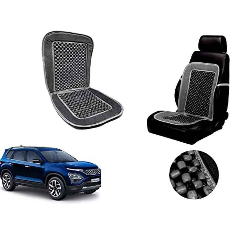 Auto Pearl PU, Velvet & Wooden Beads Grey Rectangular Seat Cushion for Tata Safari