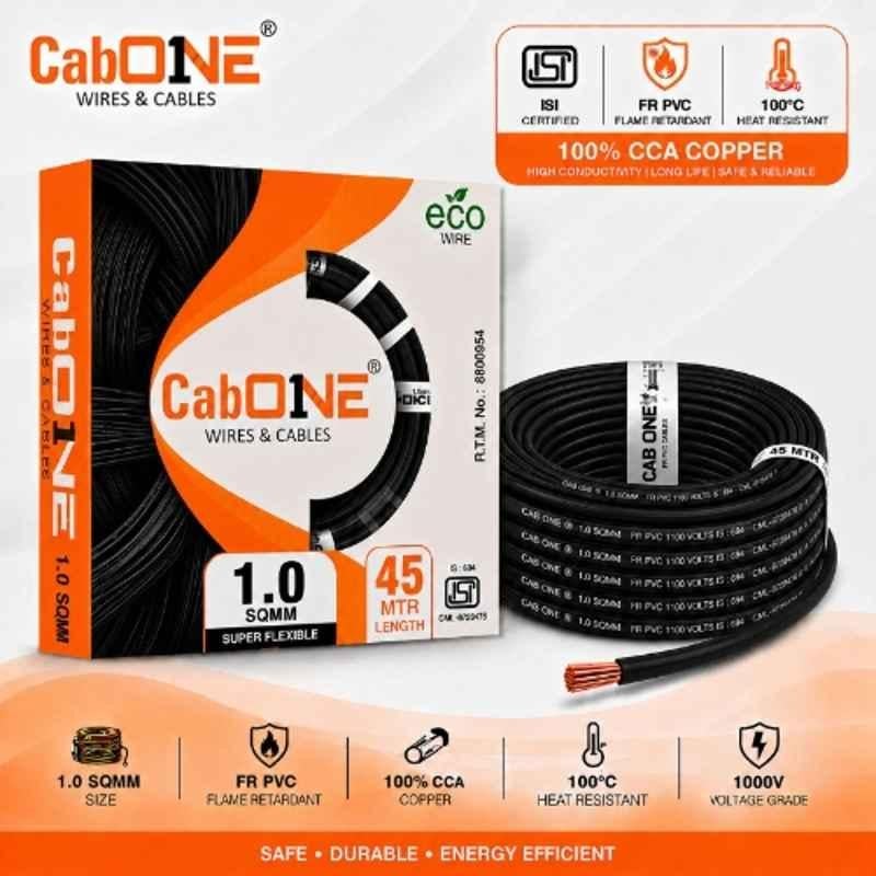 CabONE Lite 1 Sqmm Black Single Core FR PVC Insulated CCA Copper Electrical Wire, Length: 45 m
