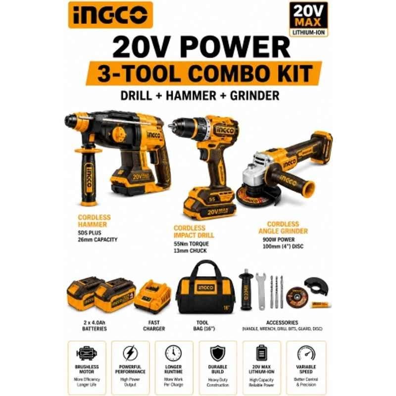 Ingco 13mm 20V 55Nm Cordless Impact Drill, 26mm Hammer & 100mm Grinder Combo