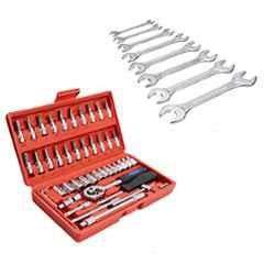 Hillgrove HGCM54M1 46 Pcs 1/4 inch Chrome Vanadium Steel Ratchet Socket Spanner Set with 8 Pcs Wrench Set, Extension Rod & Carry Box Set