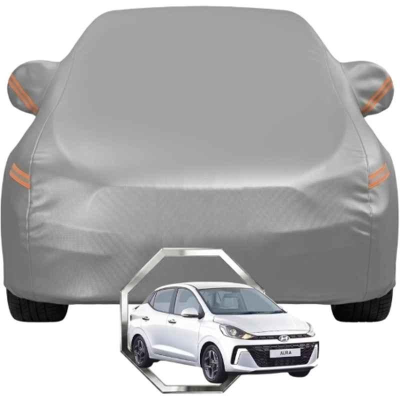 Allextreme Polyester Grey with Highlighter Car Cover with Mirror Pocket & Triple Stitched Bottom Elastic for Hyundai Aura All Model & Years, HYU-AURA-GRY