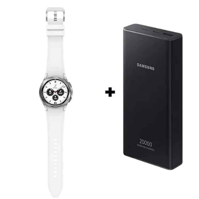 Samsung Galaxy 4 Classic 42mm 1.5GB/16GB Silver Fitness Tracker Smart Watch with 20000mAh Power Bank Set, SM-R880
