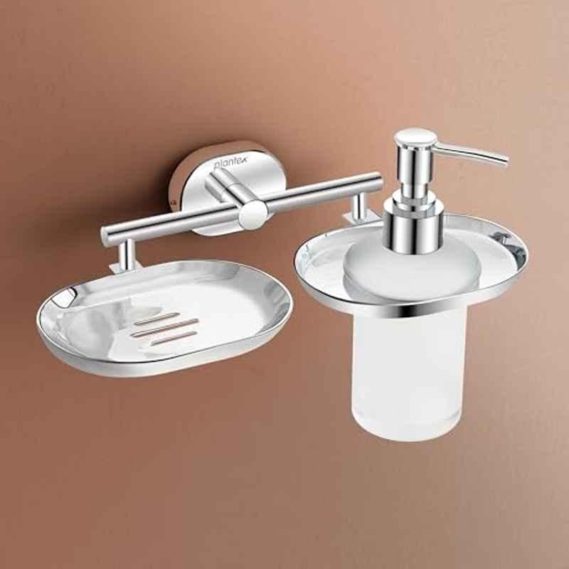 Plantex Stainless Steel Soap Dish with Liquid Dispenser/Soap Stand for Bathroom Wall Mount/Shampoo Dispenser/Bathroom Accessories Chrome Finish Onix