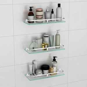 Plantex Frosted Glass Shelf for Bathroom/Shelf with Brass Railings and Brackets/Shelf for Living Room/Bedroom/Kitchen (Pack of 3) 15x6 inch, Chrome