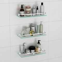 Plantex Frosted Glass Shelf for Bathroom/Shelf with Brass Railings and Brackets/Shelf for Living Room/Bedroom/Kitchen (Pack of 3) 15x6 inch, Chrome