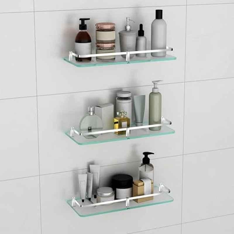 Plantex Frosted Glass Shelf for Bathroom/Shelf with Brass Railings and Brackets/Shelf for Living Room/Bedroom/Kitchen (Pack of 3) 15x6 inch, Chrome