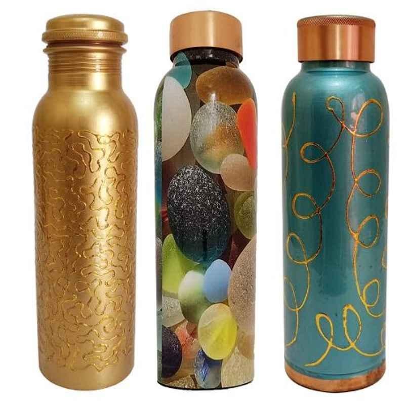 Healthchoice 1L Golden, Crystel & Meena Copper Jointless Water Bottle (Pack of 3)