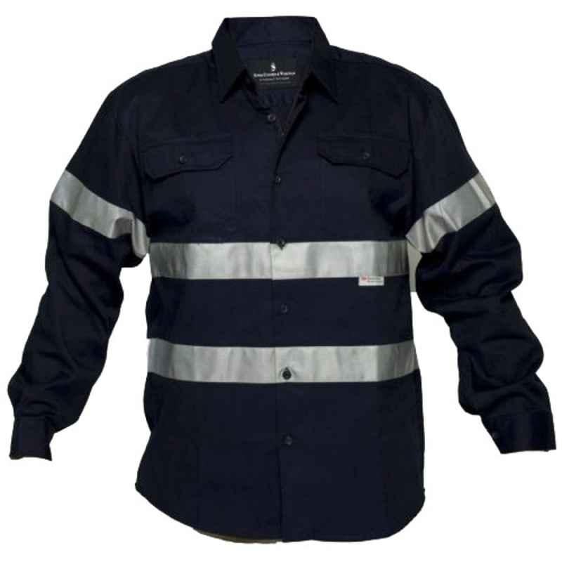 Superb Uniforms Cotton Navy Long Sleeves High Visibility Reflective Shirt, SUW/N/HVDS02, Size: XL