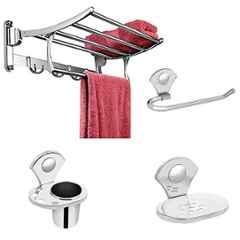 Plantex Stainless Steel Bathroom Accessories Set/18 inch Folding Towel Rack/Towel Stand/Hanger/Napkin Ring/Tumbler Holder/Soap Dish Royal (Pack of 4)