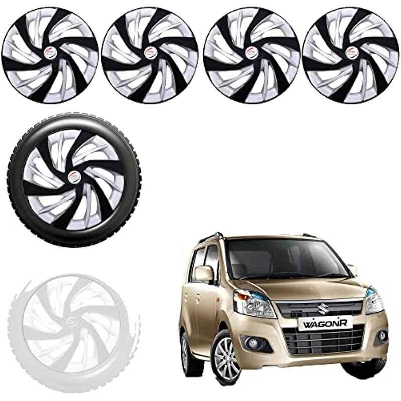 Auto Pearl 4 Pcs 13 inch Black & Silver ABS Press Type Hubcap Wheel Cover Set with Retention Ring for Maruti Suzuki WagonR 2013
