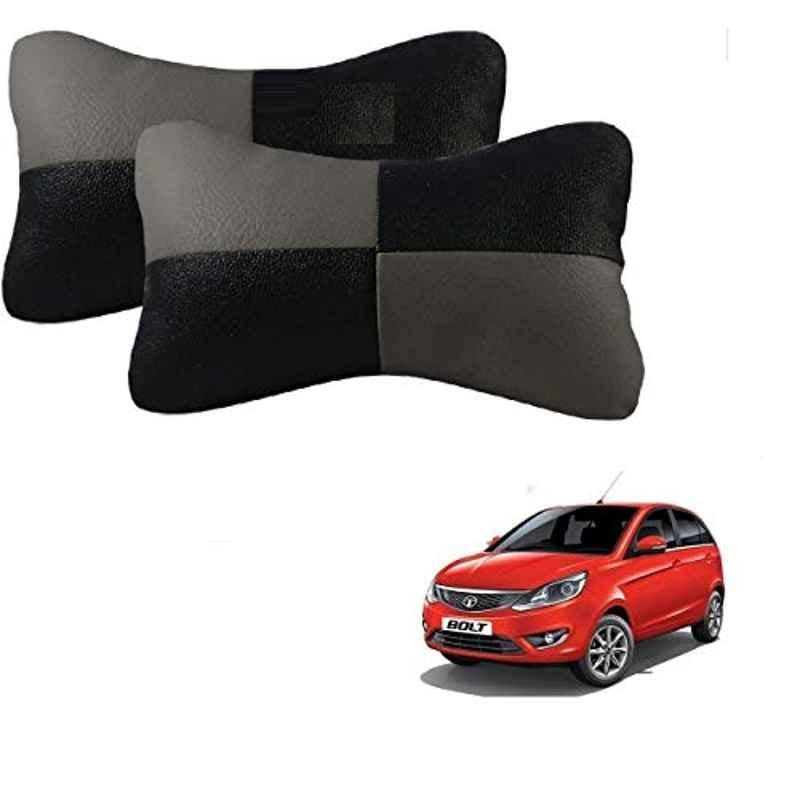 Kozdiko 2 Pcs Leather Grey & Black Neck Rest Car Cushion Pillow Set for Tata Bolt