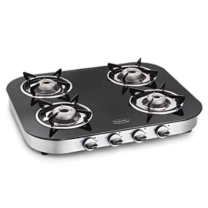 Padmini 4 Burner Stainless Steel Black Automatic Ignition Glass Top Gas Stove, 4BR CS-4 GT RU ST Auto