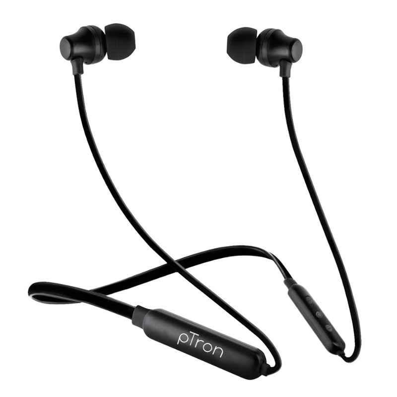 pTron Tangent Lite Black In-Ear Bluetooth Wireless Neckband with Mic, Hi-Fi Stereo Sound, Sweat-Resistant Magnetic Earbuds & IPX4