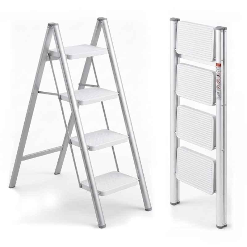 Corvids 150kg 4 Step White Heavy Duty Carbon Steel Foldable Step Ladder with 2 Years Warranty, Anti-Slip Wide Steps, Portable Multipurpose Folding Step Ladder for Home, Kitchen & Office Use