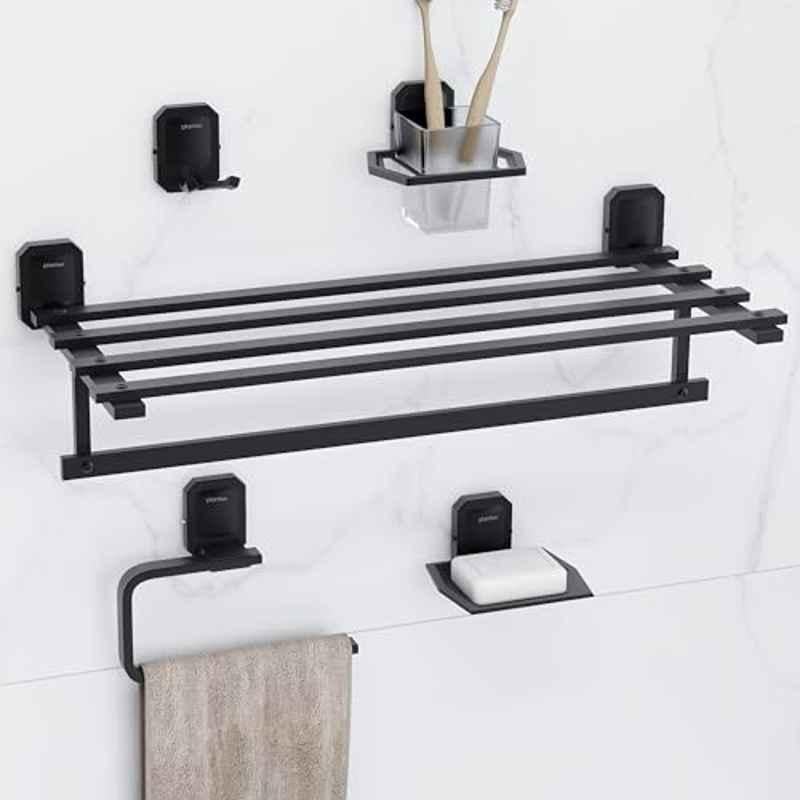 Plantex 5 Pcs Cute 304 Grade Stainless Steel 304 Black Towel Rack, Robe Hook, Napkin Ring, Soap & Tumbler Holder Set for Bathroom