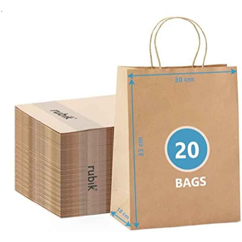 Rubik 20Pcs 33x30x18cm Paper Brown Kraft Paper Bag with Handle Set, RBKPBBR20