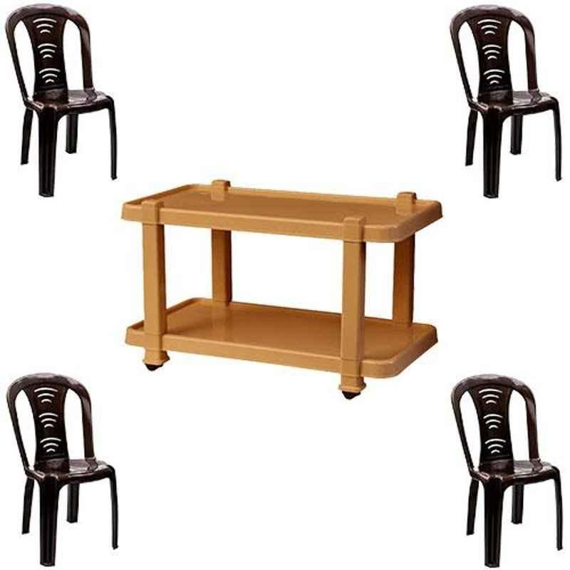 Italica 4 Pcs Polypropylene Nut Brown Without Arm Chair & Marble Beige Table with Wheels Set, 9306-4/9509